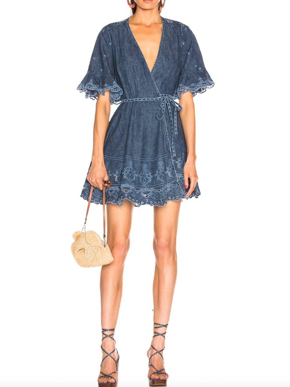 $595 Jonathan Simkhai Blue Denim Embroidered Eyelet Wrap Drap size Large